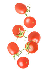 Poster - Isolated vegetables. Seven whole tomatoes in the air on white with clipping path as package design element. Full depth of field. Food levitation concept