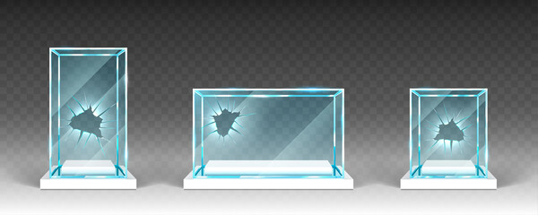 Wall Mural - broken glass showcases, displays, exhibit stands, transparent boxes with holes on white base front v