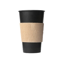 Black takeaway paper coffee cup with cardboard sleeve isolated on white