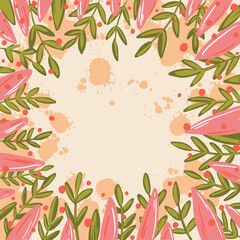 Wall Mural - Vector frame witn green leaves and pink leaves