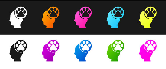 Poster - Set Human head with animals footprint icon isolated on black and white background. Pet paw in heart. Love to the animals. Vector.