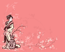 Spring Season Vector Background With Beautiful Japanese Geisha And Flower Vase Among Sakura Tree Branches