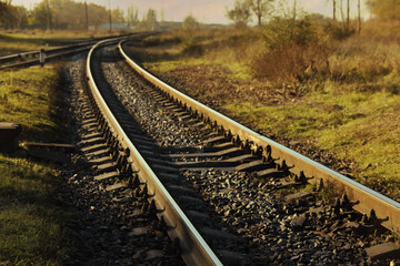 Railway line in countryside on sunny day. Train journey