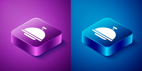 Sticker - Isometric Covered with a tray of food icon isolated on blue and purple background. Tray and lid sign. Restaurant cloche with lid. Square button. Vector.