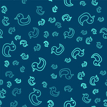 Green Line Rubber Duck Icon Isolated Seamless Pattern On Blue Background. Vector.