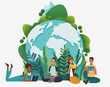 Young people group reading books. Study, learning knowledge and education vector concept. Eco friendly ecology poster. Nature conservation illustration
