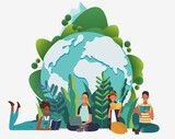 Fototapeta Dinusie - Young people group reading books. Study, learning knowledge and education vector concept. Eco friendly ecology poster. Nature conservation illustration
