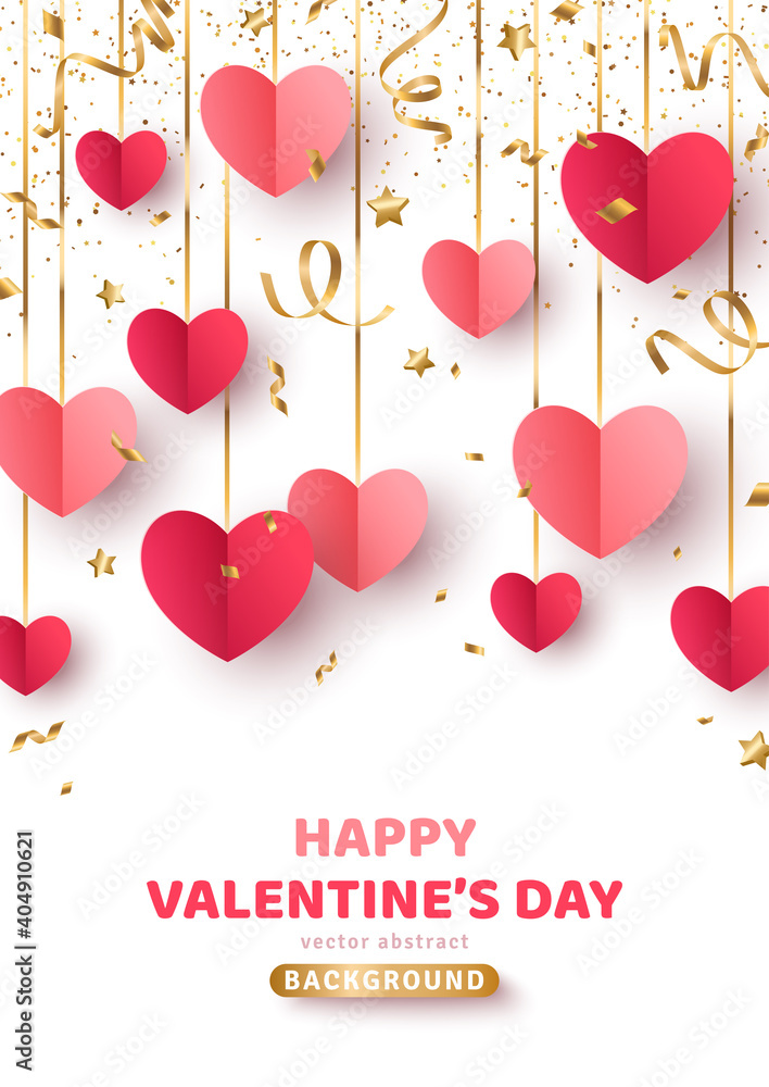 Happy Saint Valentine's day card, hanging red and pink paper cut hearts with gold streamers and confetti on white background. Decorative holiday banner, festive poster, romantic flyer, brochure. - obrazy, fototapety, plakaty 