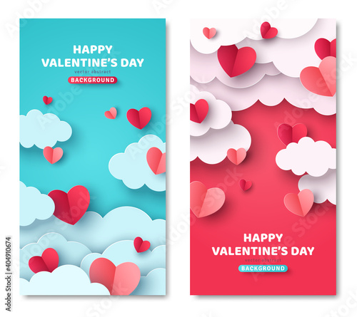 Happy Valentine's Day vertical banners set with paper cut clouds and hearts. Vector illustration. Holiday brochure design, greeting cards, love creative concept, gift voucher, invitation. © kotoffei