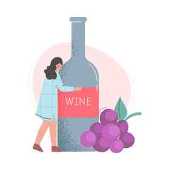 Canvas Print - Drunk Woman Hugging Huge Bottle of Wine Cartoon Style Vector Illustration