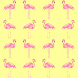 Fototapeta Młodzieżowe - Exotic, tropical seamless pattern with pink flamingos, hibiscus, palm leaves, pineapple. Vector.