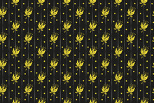 Botanical Pattern On A Dark Gray Background With Yellow Flowers And Polka Dot