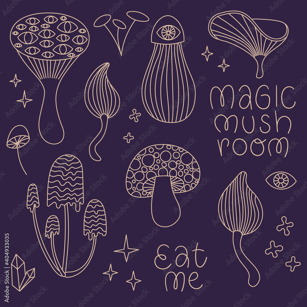 Magic mushroom set with lettering. Psychedelic fantasy fungi in linear ...