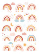 Vector colorful rainbow in cartoon scandinavian style. Hand drawn rainbow icons for kids posters, wrapping, textile, wallpaper, prints, fabric. Rainbow set with clouds, stars, sunshine, drops, heart.
