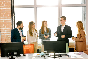 multi-ethnic business workers working together with smile on face in modern office, young men and women in formal wear have conversation