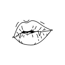 Female Vampire Mouth With Fangs. Linear Doodle Style. Vector On Isolated White Background. For Printing On Cards, Invitations, Tattoo, Clothing Design