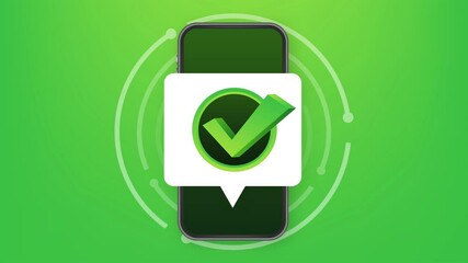 Poster - Smartphone with checkmark or tick notification in bubble. Approved choice. Accept or approve checkmark. stock illustration.