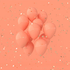 Wall Mural - Illustration of glossy gold, pastel colored balloons and confetti background. Empty space for birthday, party, promotion social media banners, posters. 3d render realistic balloons