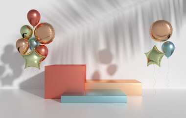 Wall Mural - 3d rendered colorful foil balloons, podium on the floor. Set of platforms for product presentation, mock up background. Minimal design, birthday party, Valentine`s day, presentation. pastel colors