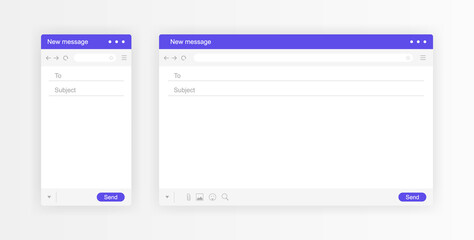 Email interface. Mail window mobile and web template, internet message isolated frame, blank email. Modern flat style vector illustration