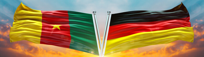 Double Flag Germany and Cameroon flag waving flag with texture sky background