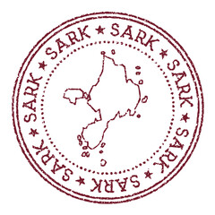 Wall Mural - Sark round rubber stamp with island map. Vintage red passport stamp with circular text and stars, vector illustration.