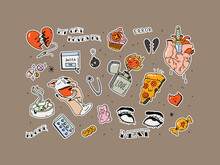 Set Of Stickers For Valentine's Day. Broken Heart In Tattoo Style. Vector Set Of Trendy Linear Hipster Symbols - Mono Line Tattoo Graphics. For The Design Of Stickers And Patches