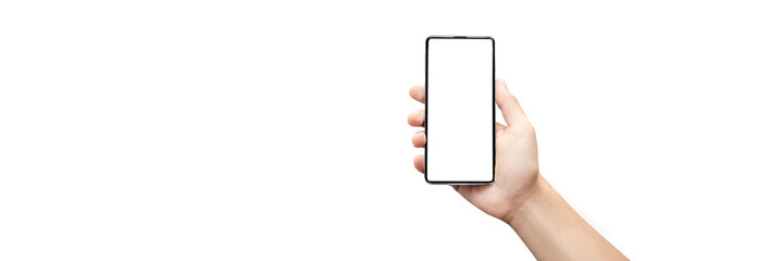 Concept - cell phone in a man's hand on white background -  easy modification