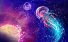 Free Space Galaxy, Planets And Space Jellyfish. Fantasy Abstraction. Space Background