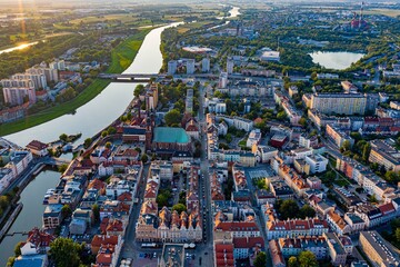 Aerial view of Opole Old Town and Oder river. Poland, summer day.