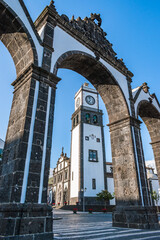 Wall Mural - City Gates Monument framing the São Sebastião Church in Ponta Delgada on the island of São Miguel, Azores PORTUGAL