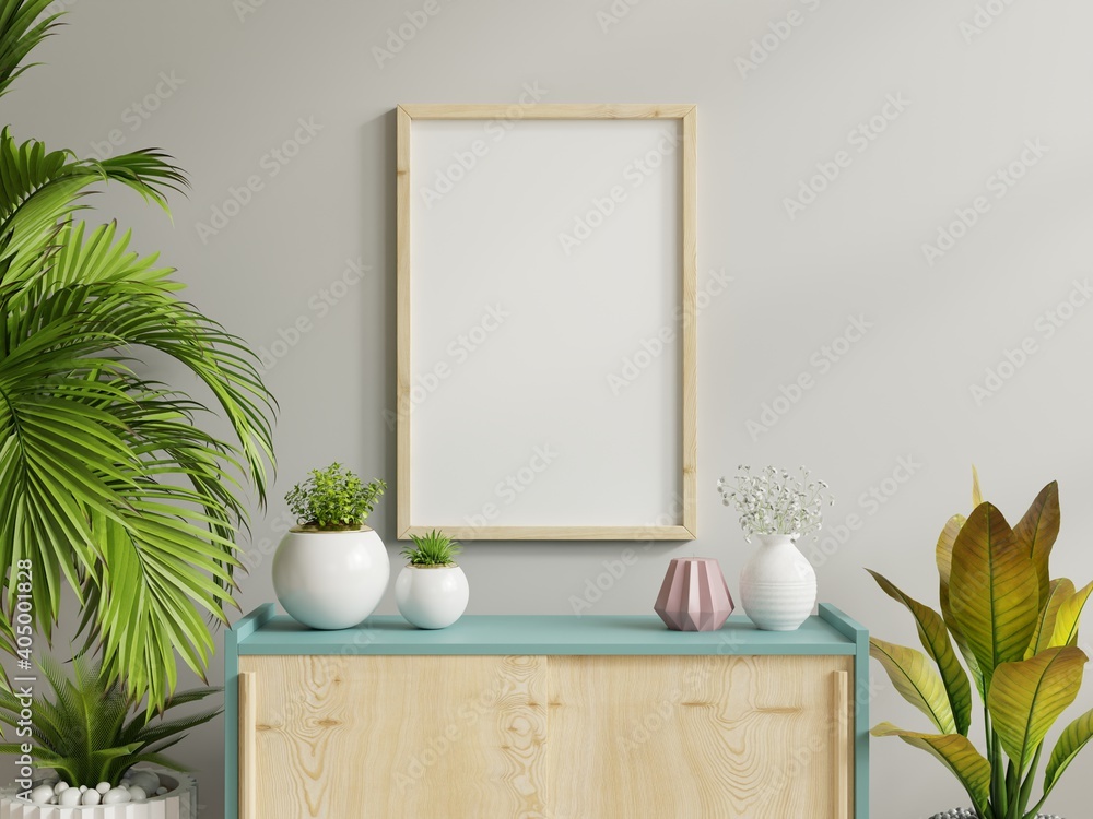 Mockup frame on cabinet in living room interior,Scandinavian style. - obrazy, fototapety, plakaty 