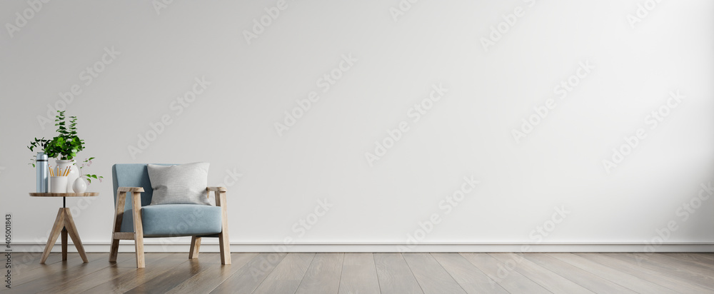 The interior has a armchair on empty white wall background. - obrazy, fototapety, plakaty 