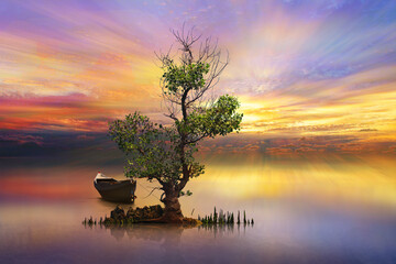 Wall Mural - Amazing tree and the boat in the sunset