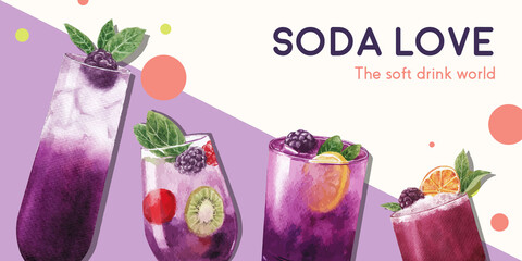 Soda drink with twister template design for online marketing watercolor vector illustration