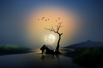 little house under the tree and moon