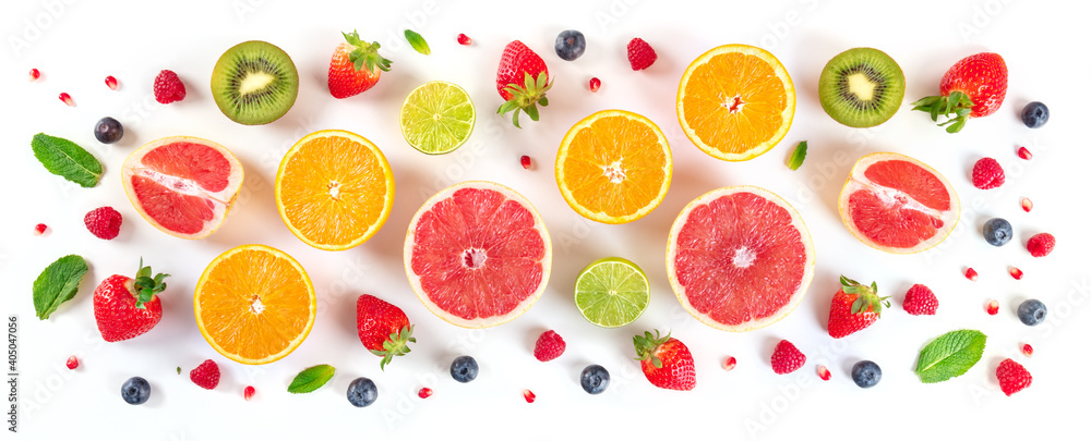 Fresh fruit panorama. Citrus fruits with blueberries and mint, overhead flat lay shot on a white background - obrazy, fototapety, plakaty 