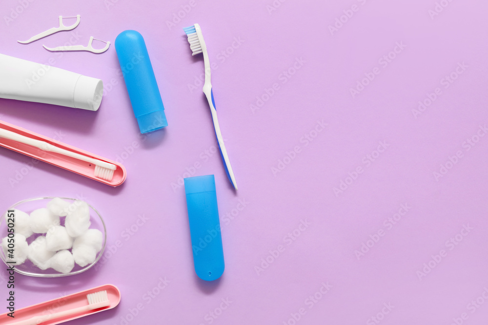 Set for oral hygiene on color background