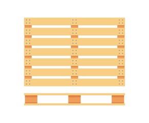 Wooden pallet icons. Cartoon wood pallet isolated on white. Top view, front and side view. Vector illustration in flat style