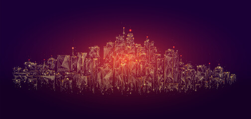 Low poly city skyline panorama vector illustration. Digital wireframe of architectural building in panoramic view made of connected dots. Low poly art of cityscape.