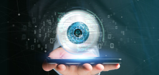 Poster - Businessman holding a visual recognition eye concept with data - 3d rendering