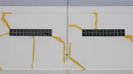 Wall Mural - A glass block on a white wall. The walls of an old building have a channel that allows light to pass through to increase the natural light in the building. Selective focus