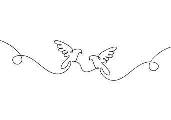 Sticker - Continuous one line drawing of Flying two pigeons couple romantic. Black and white vector illustration. Romance theme good for valentine card.