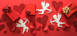 Flying cupid silhouette with hearts, gifts, happy Valentine's Day banners, paper art style. Amour on red paper