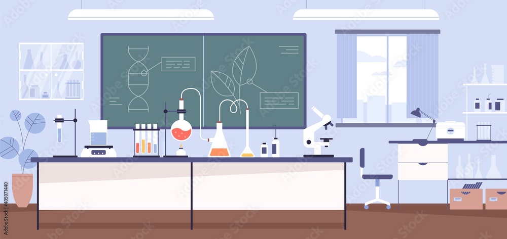 Inside modern scientific chemical laboratory or chemistry classroom interior. Microscope, glass tubes, flaks and other instruments and equipment for analysis and research. Flat vector illustration - obrazy, fototapety, plakaty 