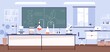 © Good Studio - Inside modern scientific chemical laboratory or chemistry classroom interior. Microscope, glass tubes, flaks and other instruments and equipment for analysis and research. Flat vector illustration