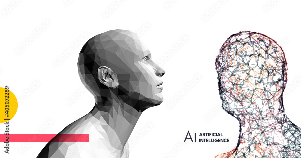 Human vs robot. Conflict of artificial intelligence and human mind. The concept of rivalry.  Scientific digital design template. 3d vector illustration for presentations, flyers or posters. - obrazy, fototapety, plakaty 
