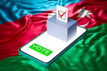 Canvas Print - 3d illustration of a voting box with a billboard standing on a smartphone, with the national flag of Azerbaijan in the background. Online voting concept, digitalization of elections