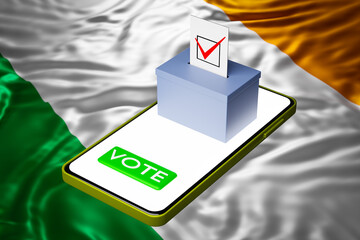 Canvas Print - 3d illustration of a voting box with a billboard standing on a smartphone, with the national flag of Ireland in the background. Online voting concept, digitalization of elections