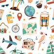 Seamless pattern with touristic items like passport, backpack, globe, cocktail, airplane, palm trees and map. Endless texture about travel and tourism. Flat vector illustration on white background